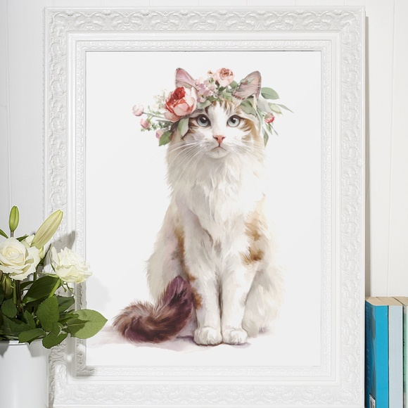 Watercolor Ragdoll Cat with Flower Crown Wall Art Print Unframed - Picture 6 of 7